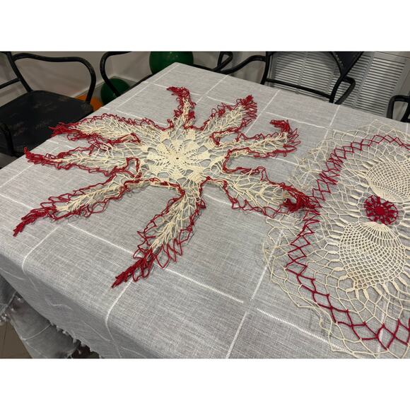 Vintage Hand-Crocheted Christmas Doilies Red Poinsettia Floral Set Holiday - Picture 5 of 7